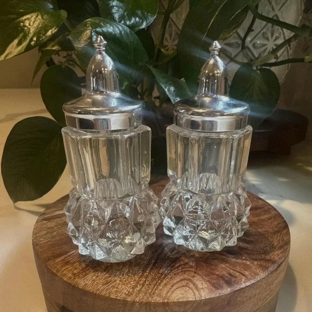 Vintage Indiana Glass Diamond Cut Salt Pepper Shakers with Silverplate Tops
